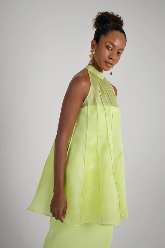 ORGANZA FLARE DRESS IN CHARTREUSE