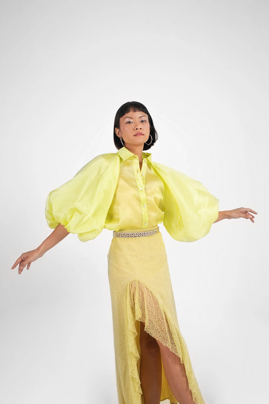 ORGANZA PUFF SLEEVE BLOUSE IN CHARTREUSE