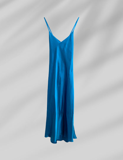 SILK LONG SLIP DRESS IN TURQUOISE