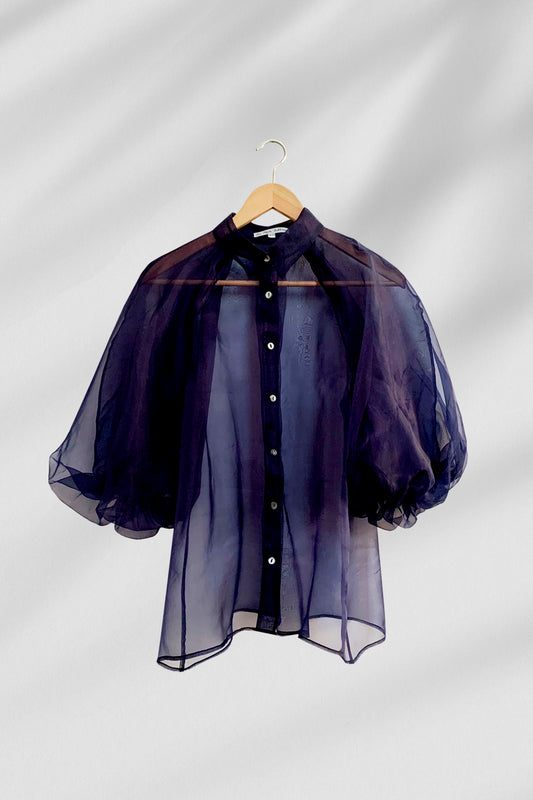 ORGANZA PUFF SLEEVE BLOUSE IN DARK NAVY