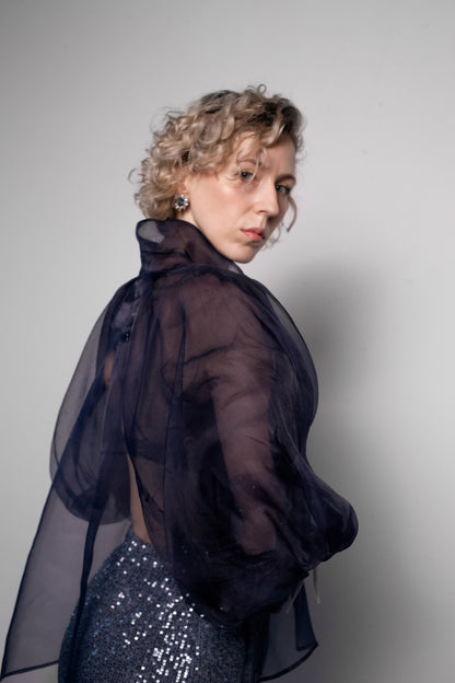 ORGANZA PUFF SLEEVE BLOUSE IN DARK NAVY