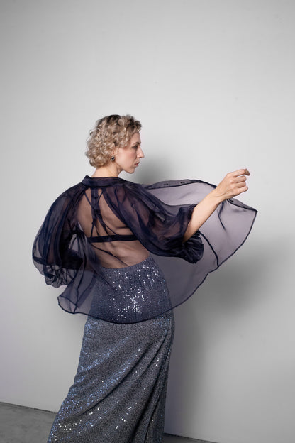 ORGANZA PUFF SLEEVE BLOUSE IN DARK NAVY