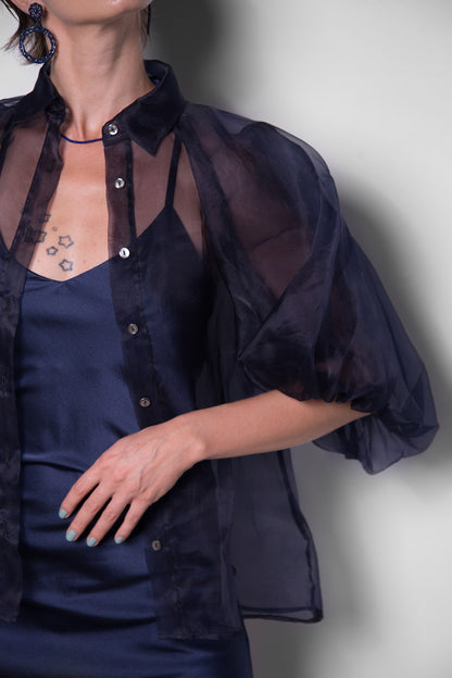 ORGANZA PUFF SLEEVE BLOUSE IN DARK NAVY