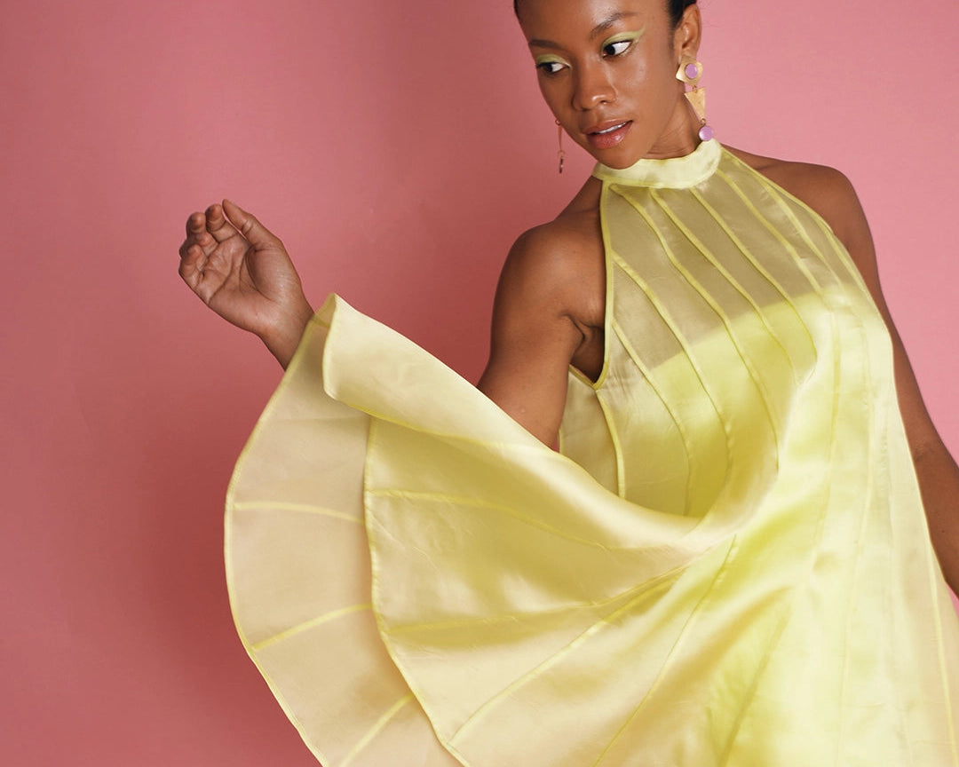 ORGANZA FLARE DRESS IN CHARTREUSE