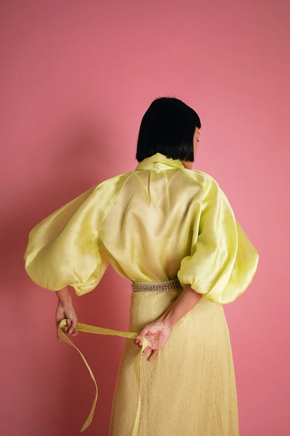 ORGANZA PUFF SLEEVE BLOUSE IN CHARTREUSE