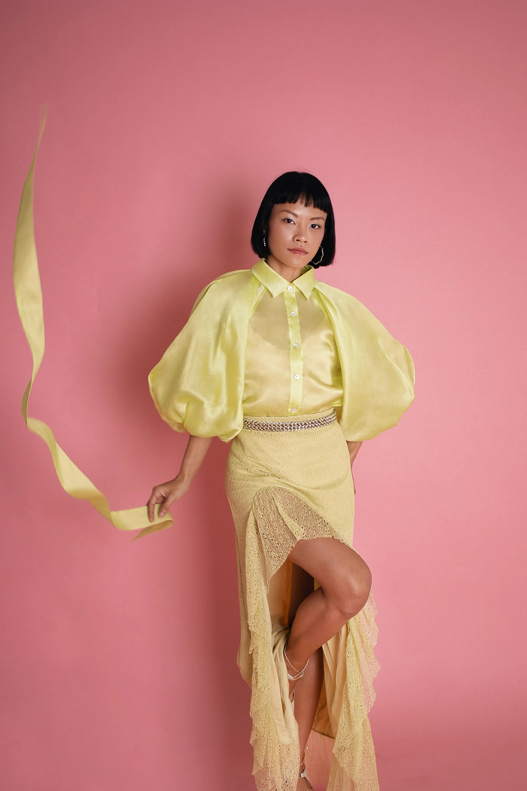 ORGANZA PUFF SLEEVE BLOUSE IN CHARTREUSE