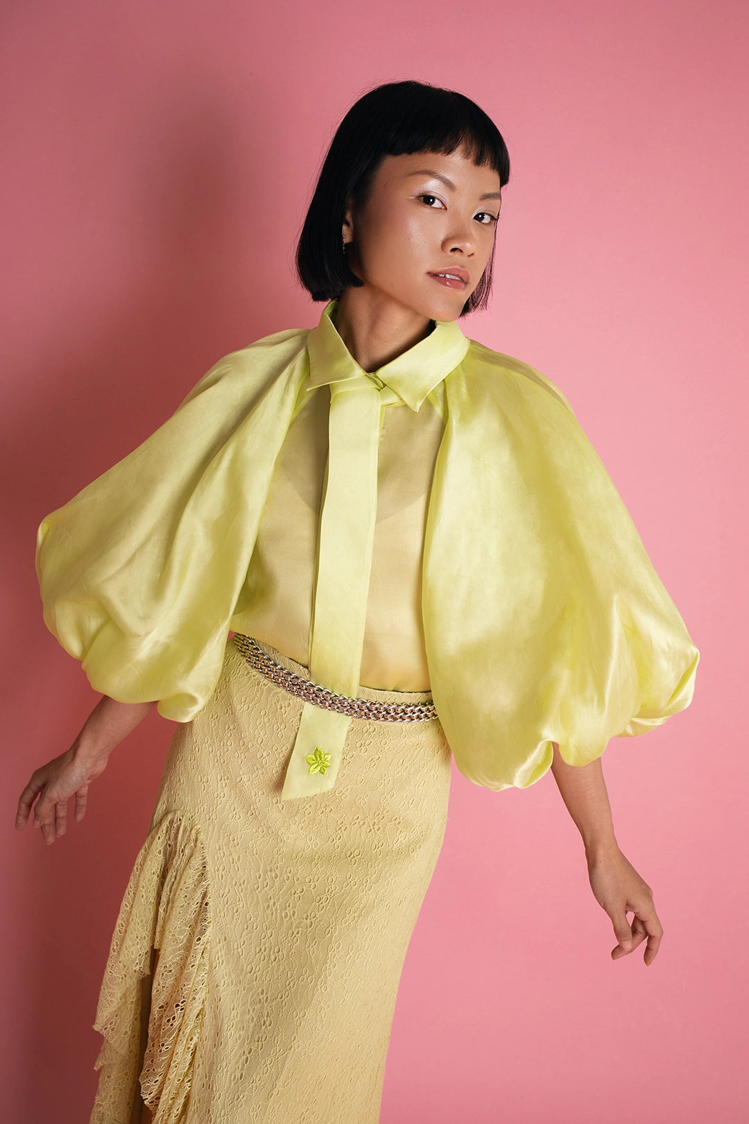 ORGANZA PUFF SLEEVE BLOUSE IN CHARTREUSE