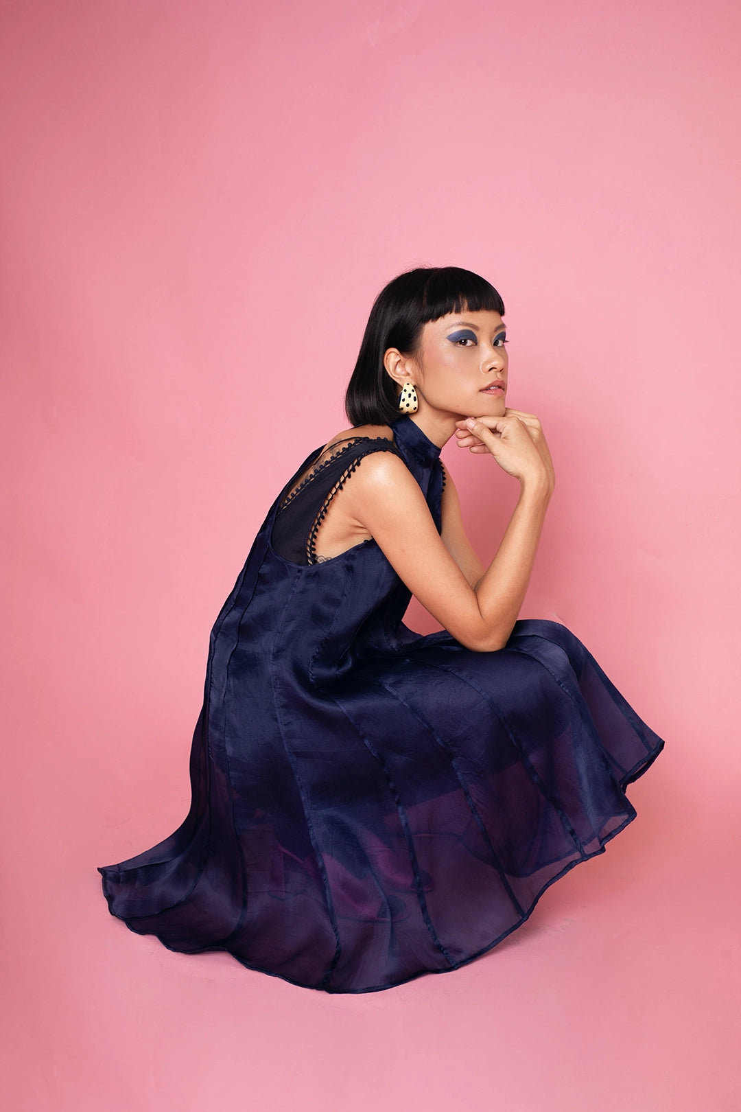 ORGANZA FLARE DRESS IN NAVY