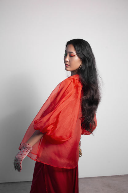 ORGANZA PUFF SLEEVE BLOUSE IN SCARLET