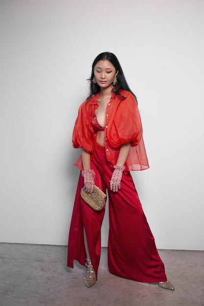 ORGANZA PUFF SLEEVE BLOUSE IN SCARLET