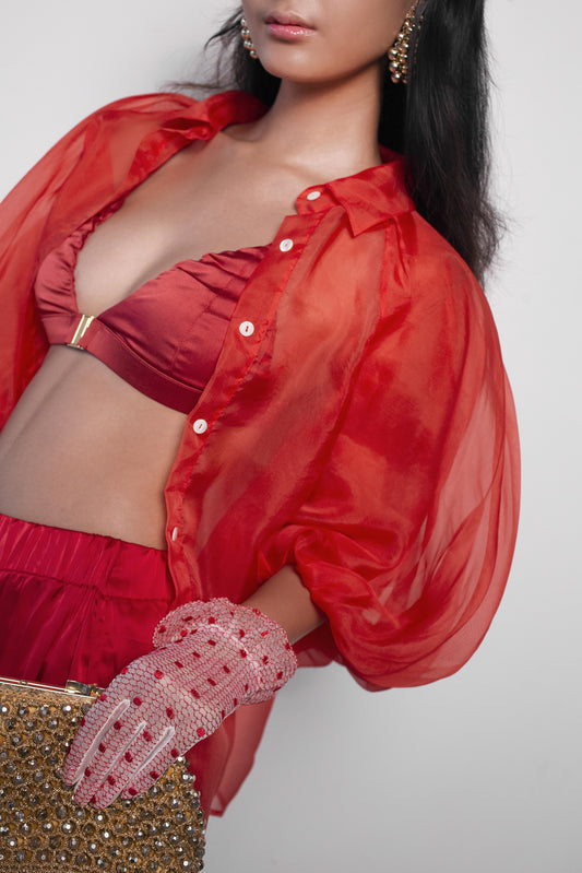 ORGANZA PUFF SLEEVE BLOUSE IN SCARLET