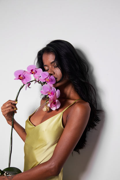 SILK SLIP DRESS IN CHARTREUSE