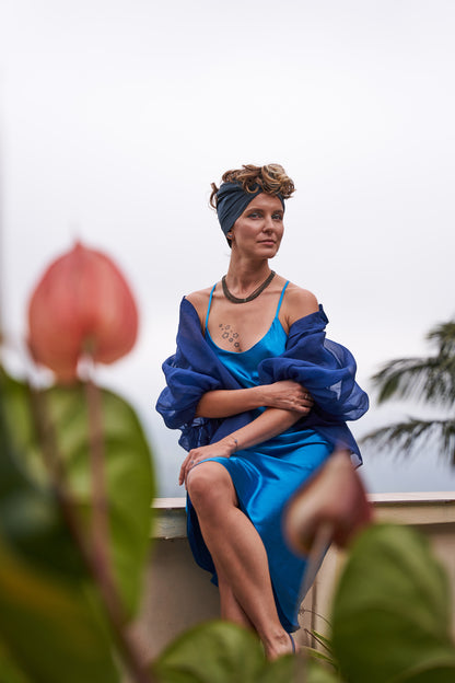 SILK LONG SLIP DRESS IN TURQUOISE